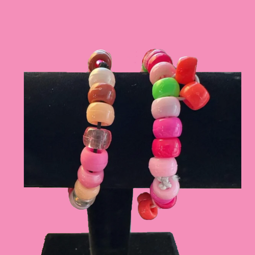 Colorful Pink, Red & Green Hand Beaded Bracelets